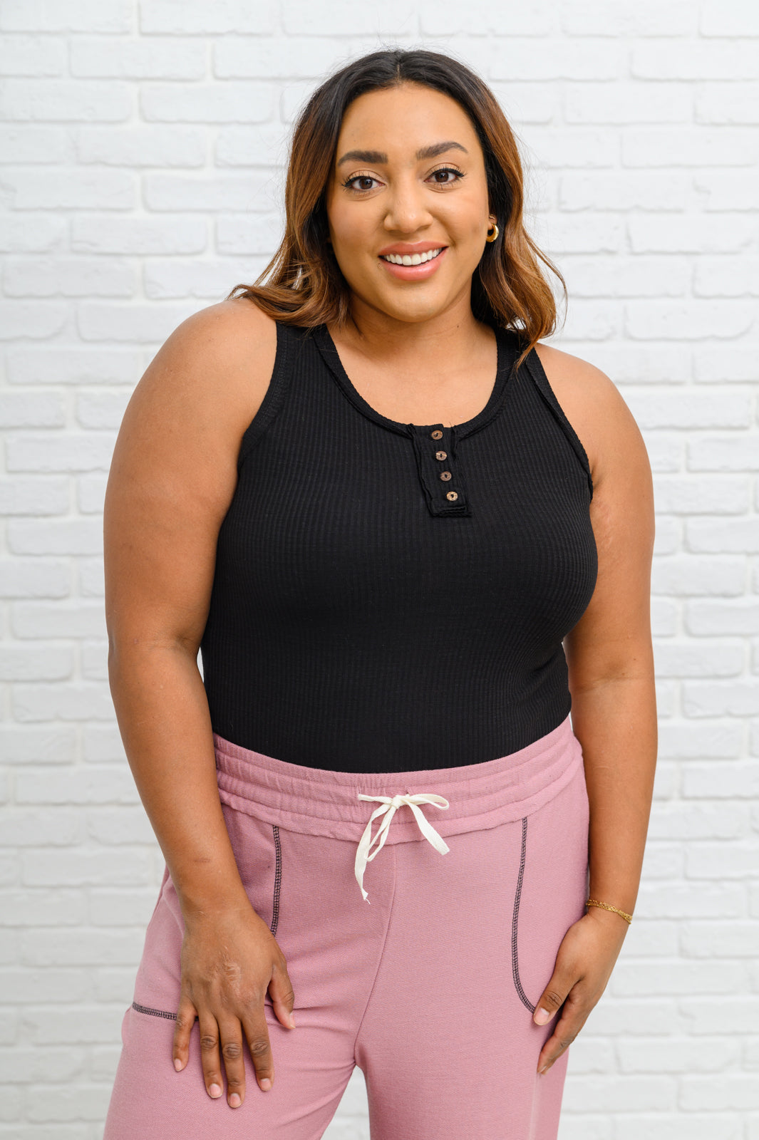 Keep it Basic Ribbed Henley Tank Top In Black Black 1XL