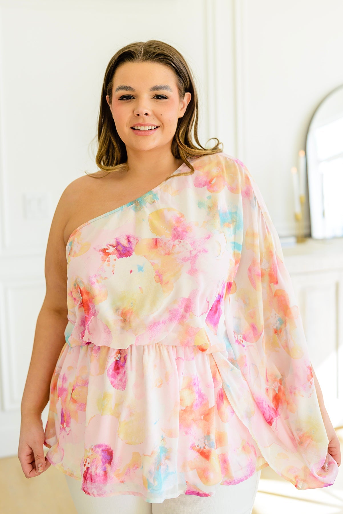 Abstract Drama Floral Peplum Blouse Pastel Floral 1XL