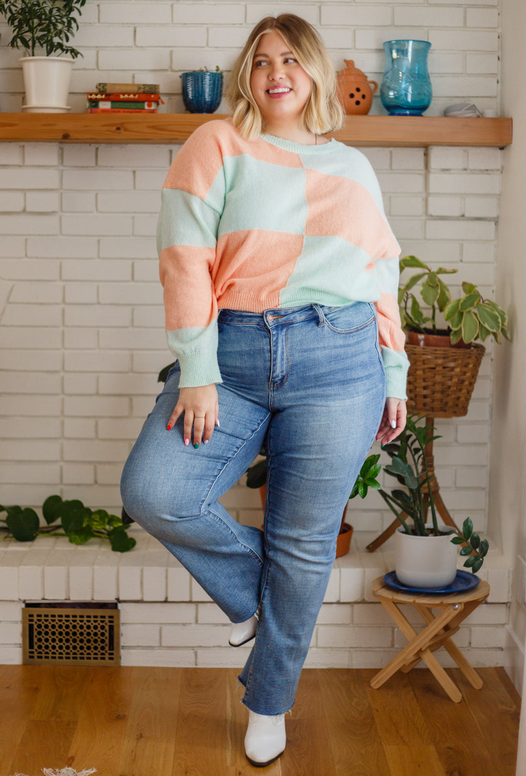 Make Your Move Checkered Knit Sweater in Mint Mint/Cantaloupe 1XL