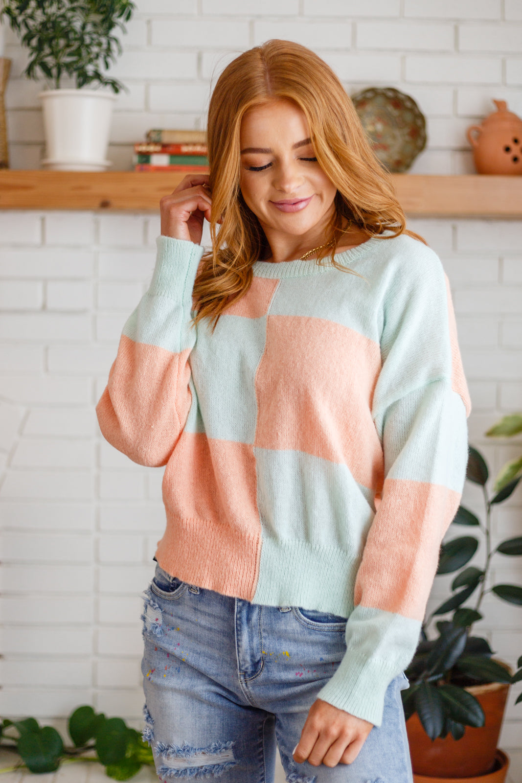 Make Your Move Checkered Knit Sweater in Mint