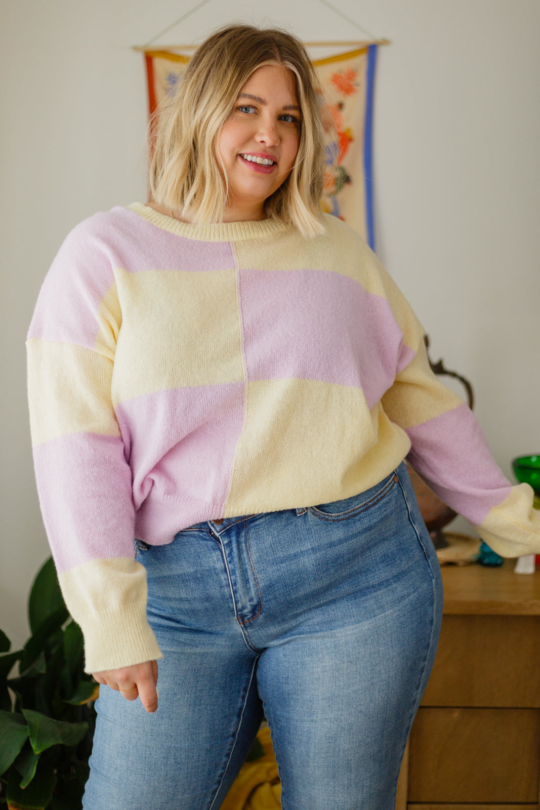 Make Your Move Checkered Knit Sweater in Lavender Yellow/Lavender 1XL