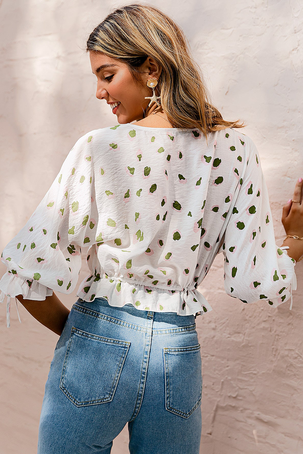 Shake it Up Abstract Dot Cropped Surplice Top