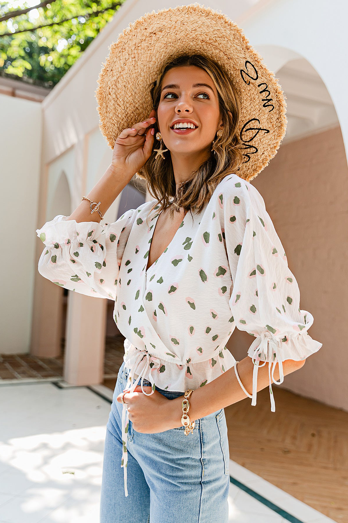 Shake it Up Abstract Dot Cropped Surplice Top