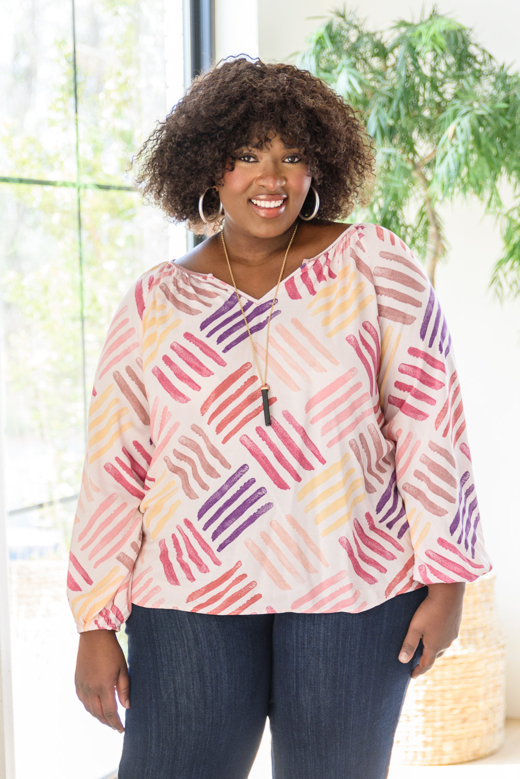 Color My World Abstract Stamp Blouse White 1XL