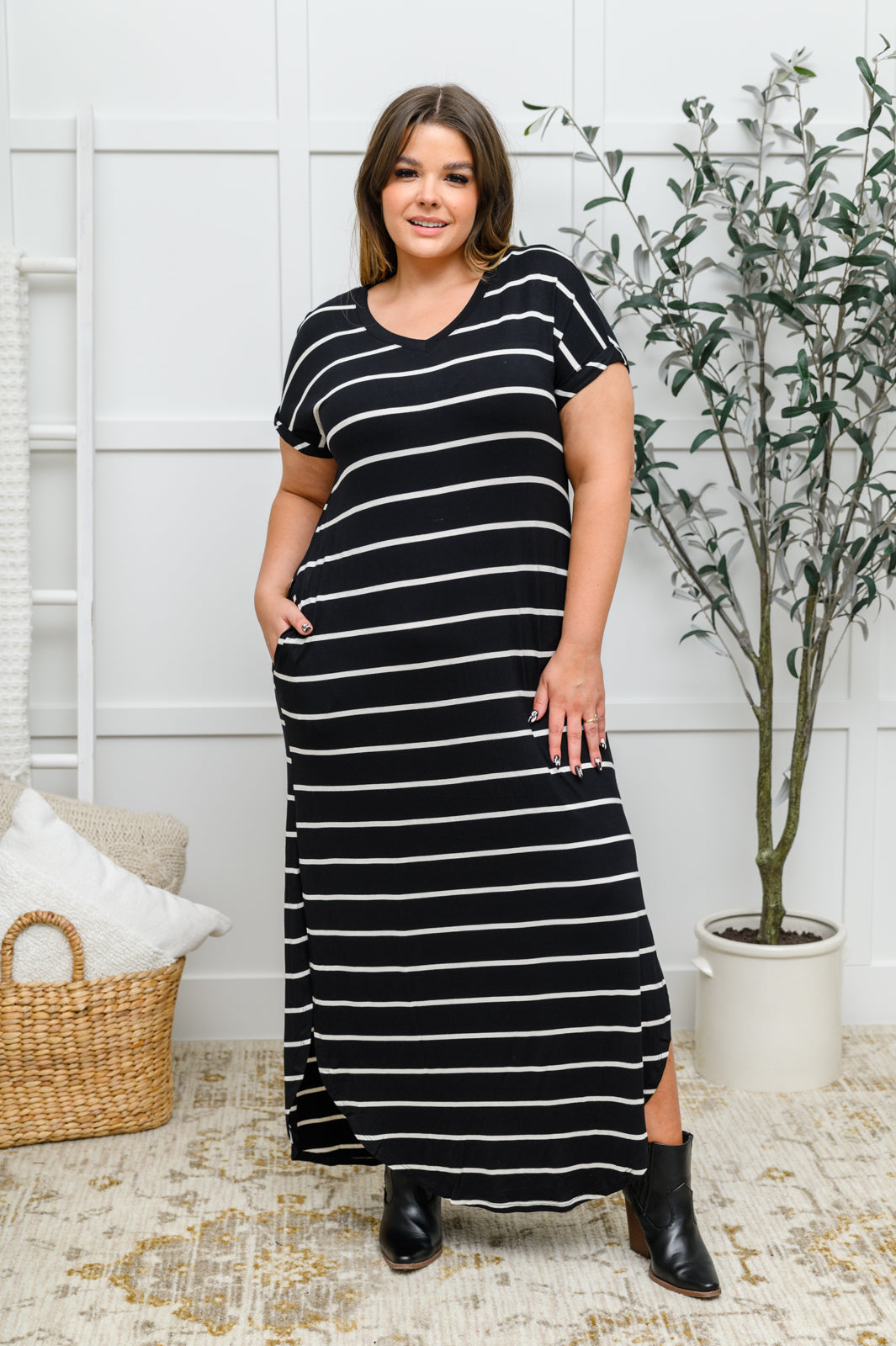 Stroll Along Striped Maxi Dress In Black Black 1XL