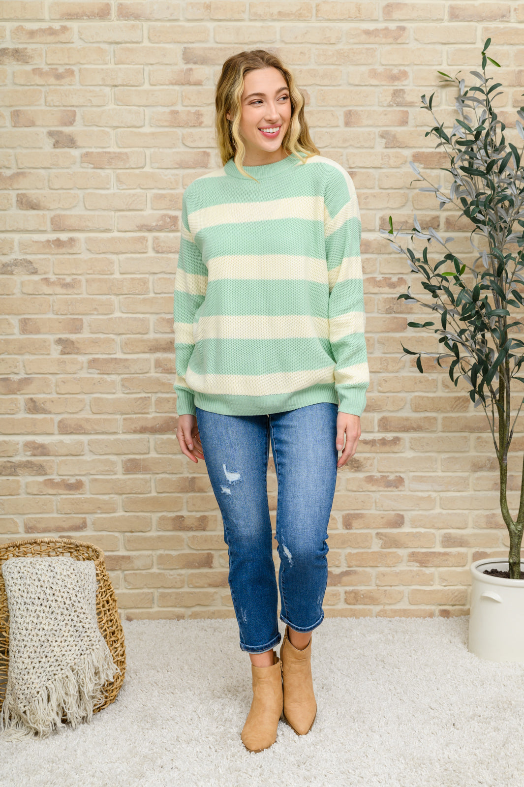 A Days Work Striped Knit Sweater In Sage