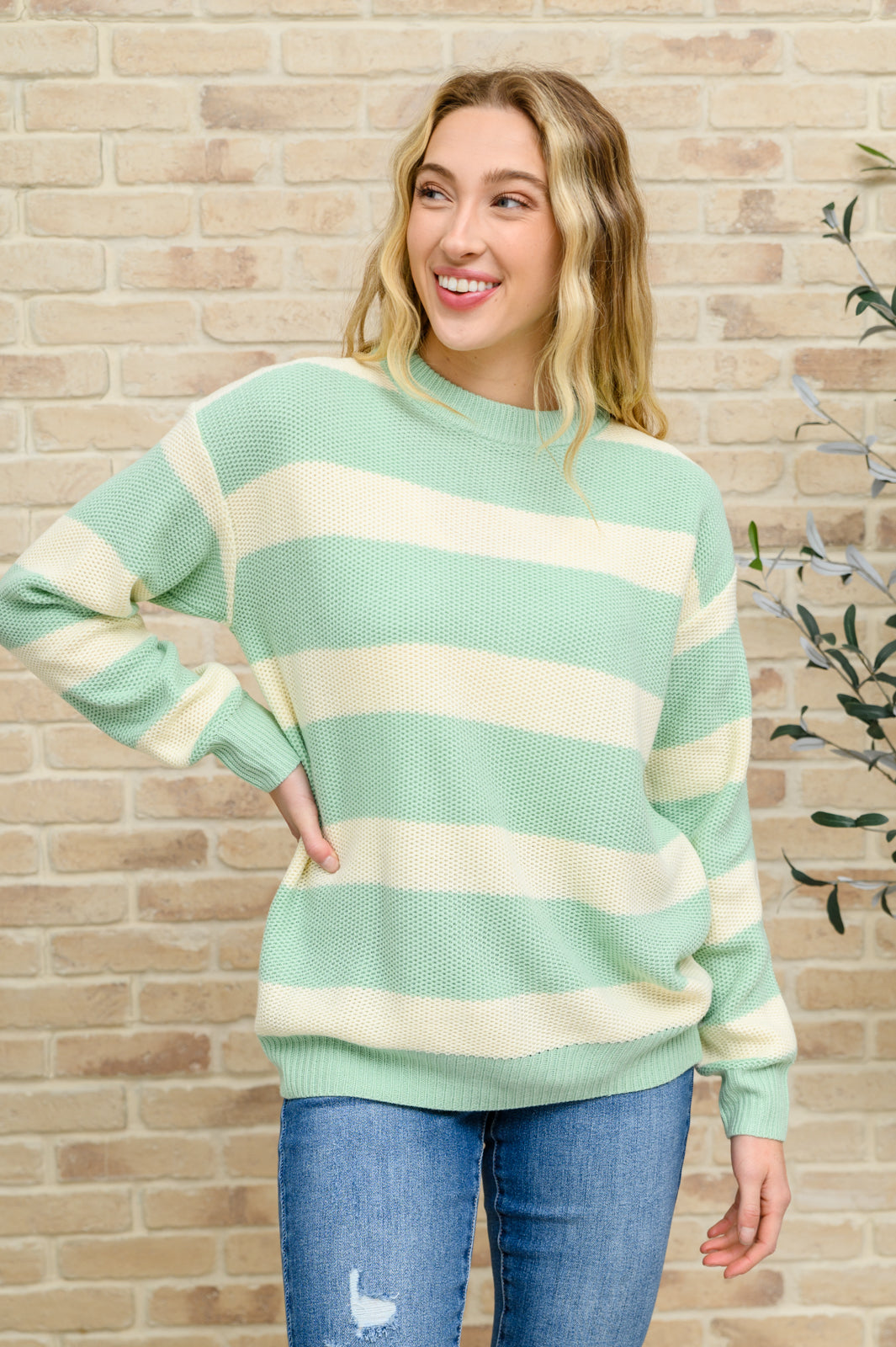A Days Work Striped Knit Sweater In Sage Sage S