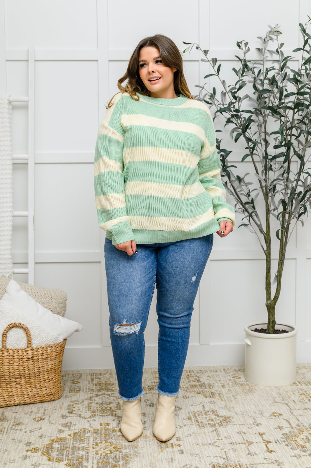 A Days Work Striped Knit Sweater In Sage