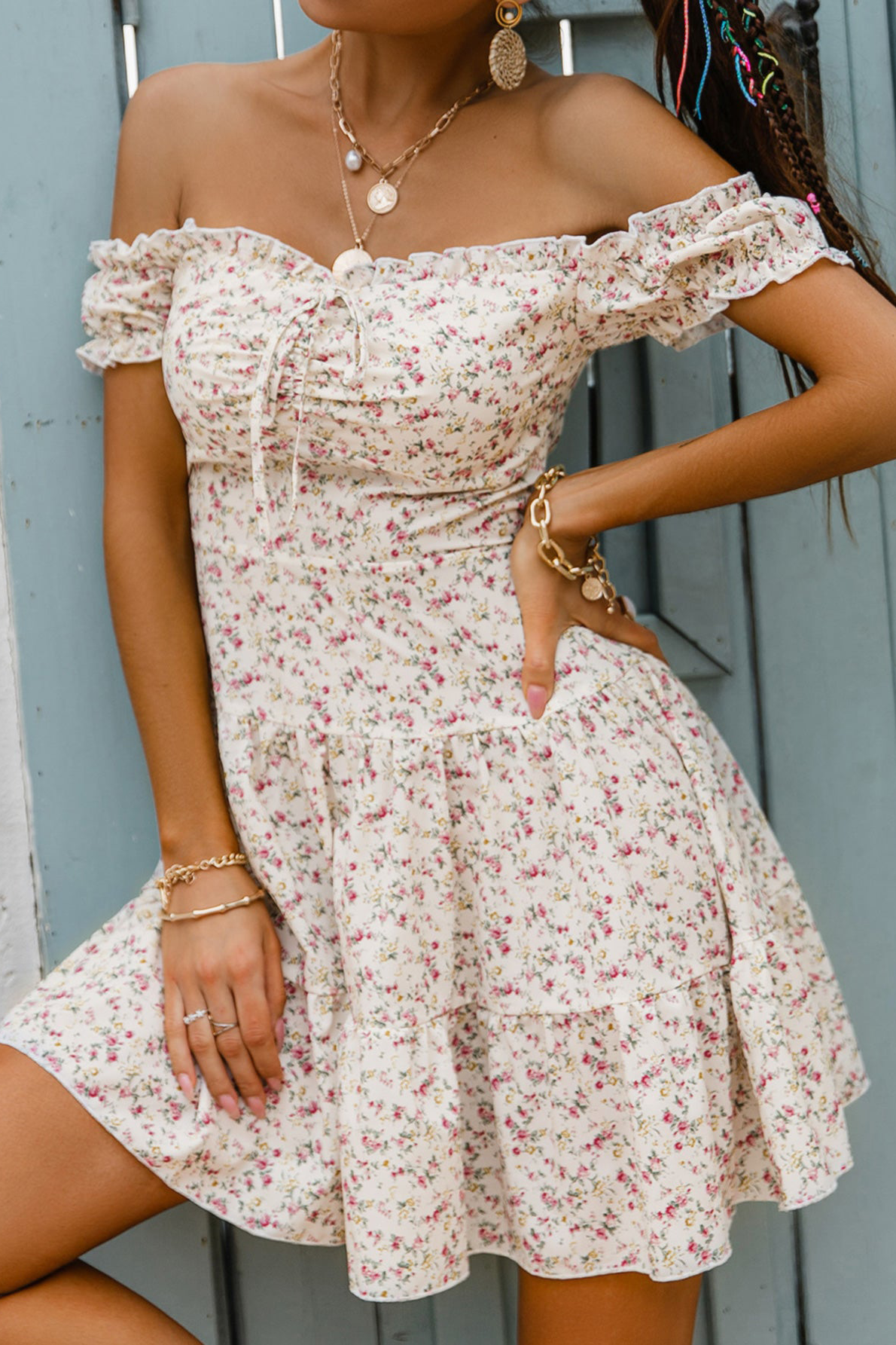 Sweetest Memories Floral Off-Shoulder Tiered Mini Dress White S