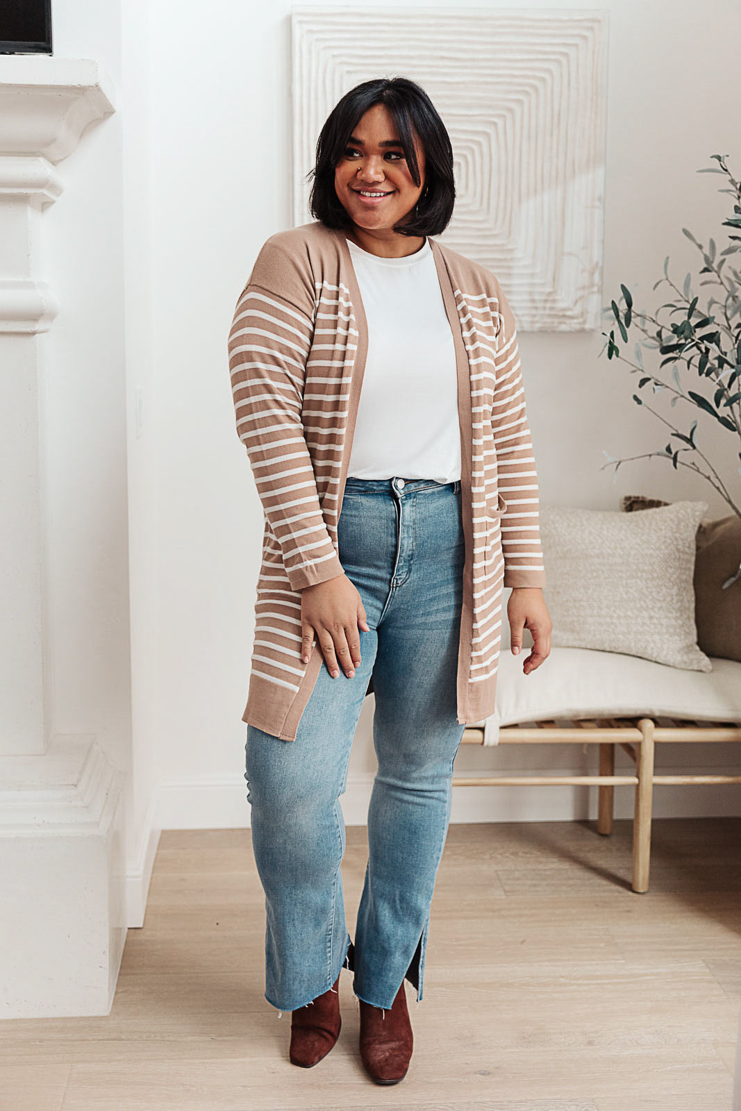 Taking it Easy Striped Cardigan In Taupe