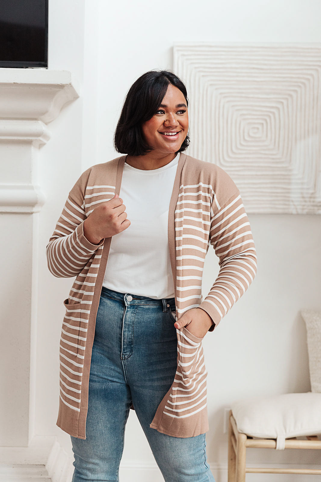 Taking it Easy Striped Cardigan In Taupe