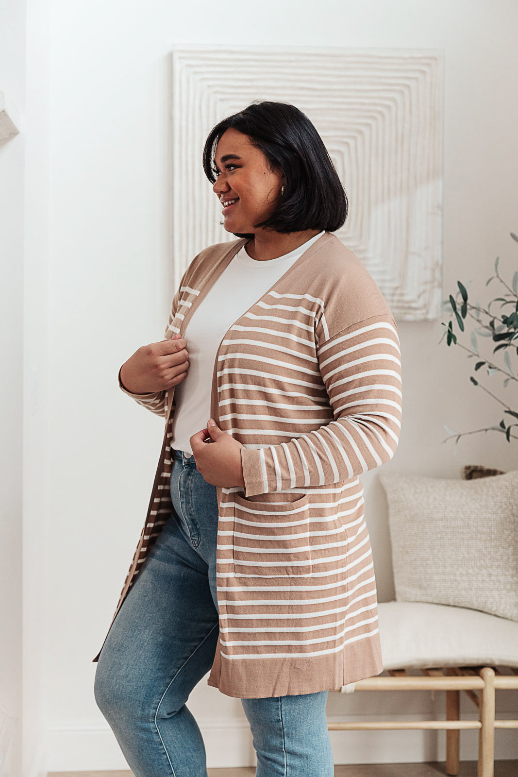 Taking it Easy Striped Cardigan In Taupe