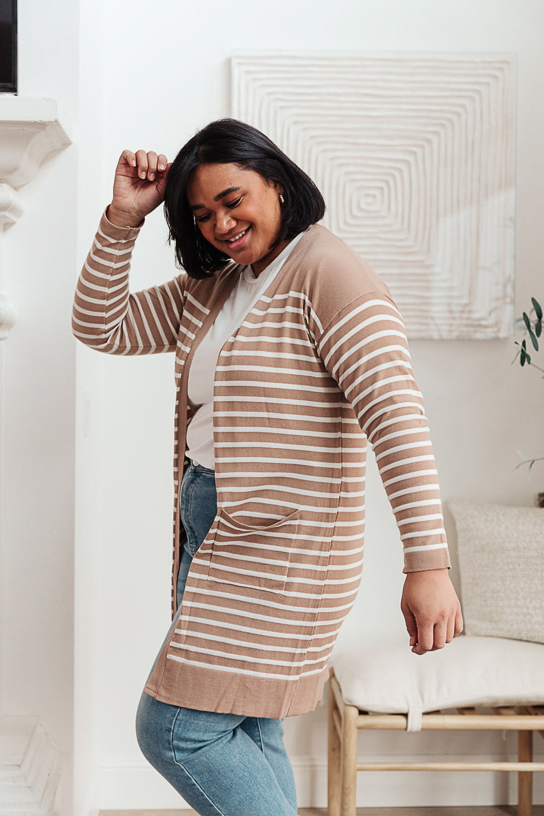 Taking it Easy Striped Cardigan In Taupe