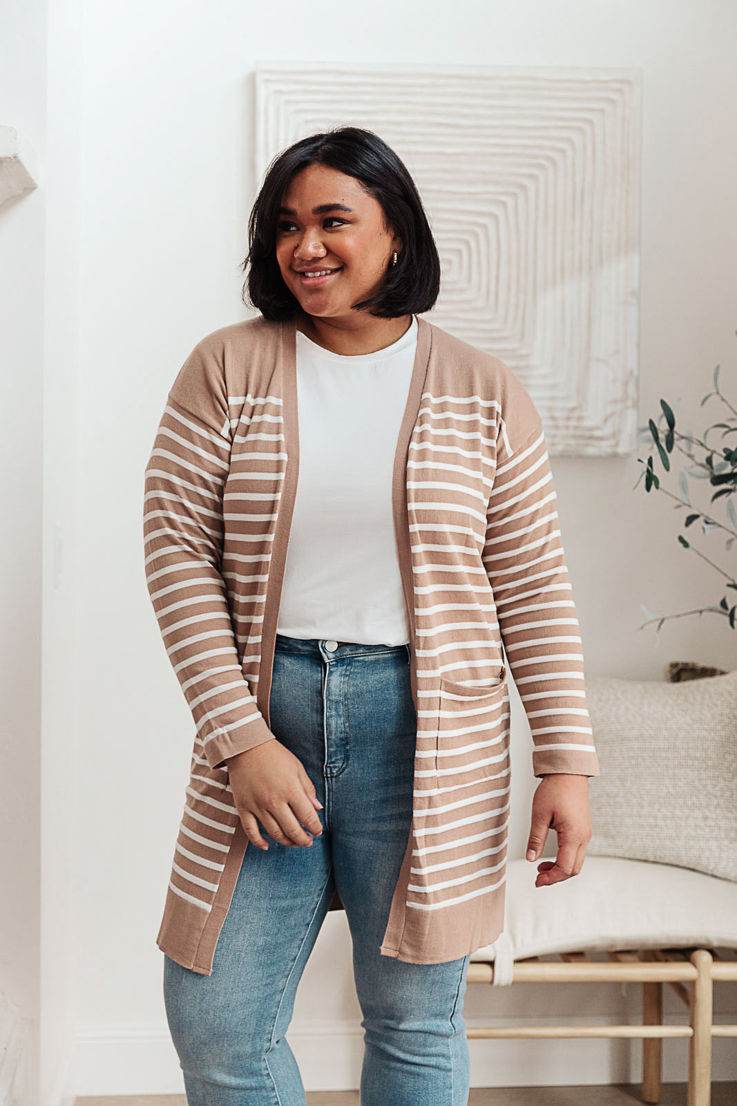 Taking it Easy Striped Cardigan In Taupe