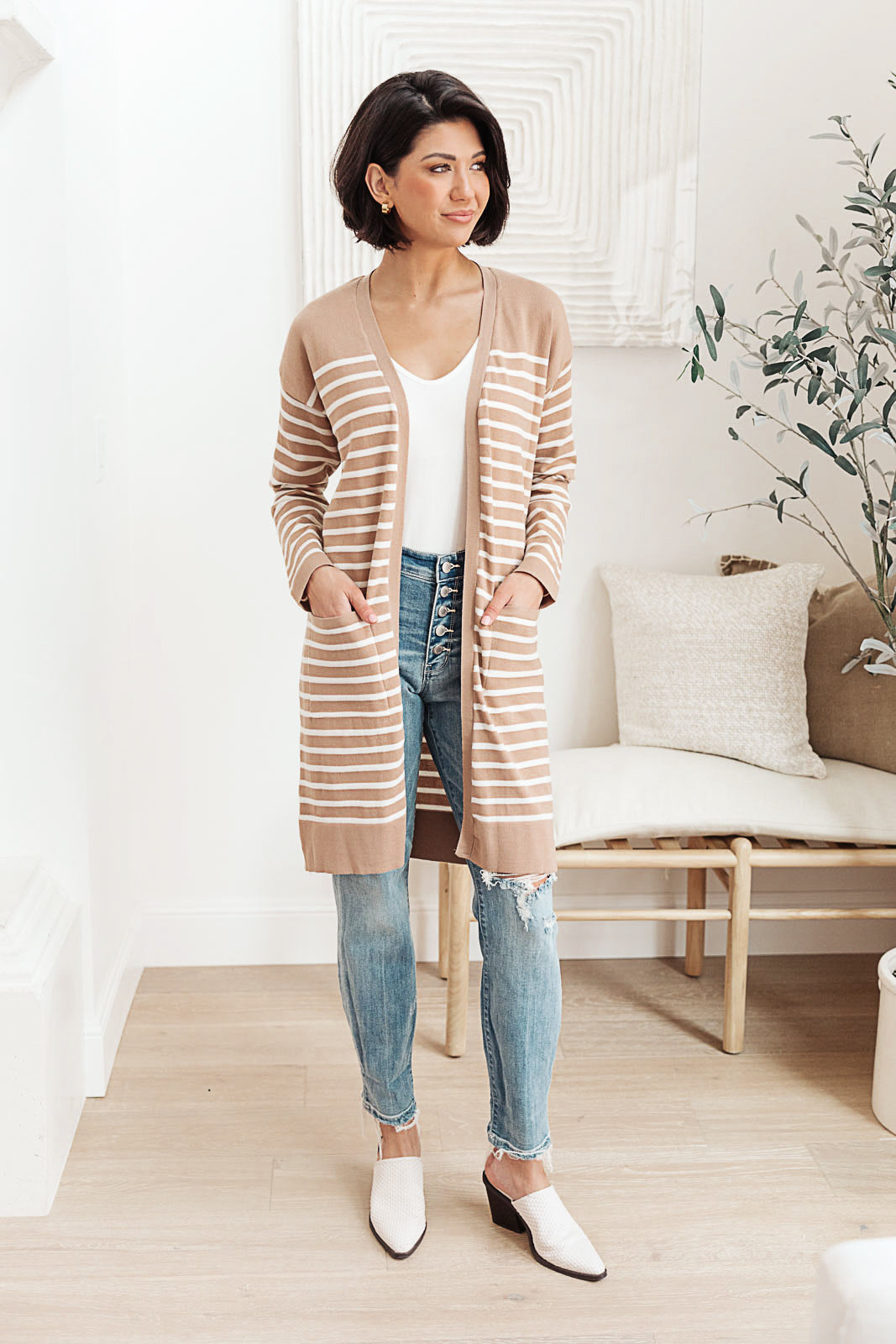 Taking it Easy Striped Cardigan In Taupe