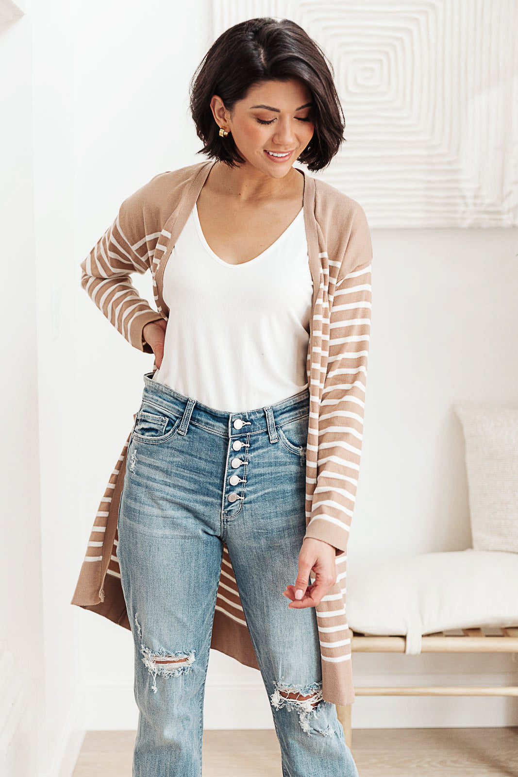 Taking it Easy Striped Cardigan In Taupe