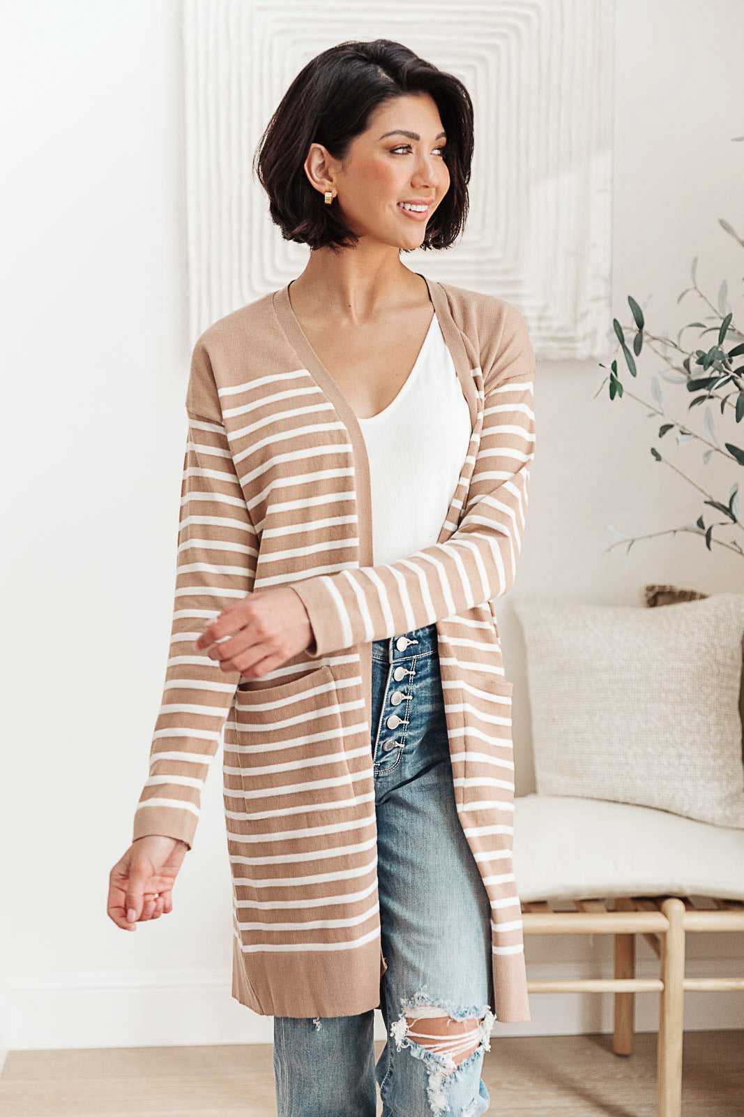 Taking it Easy Striped Cardigan In Taupe