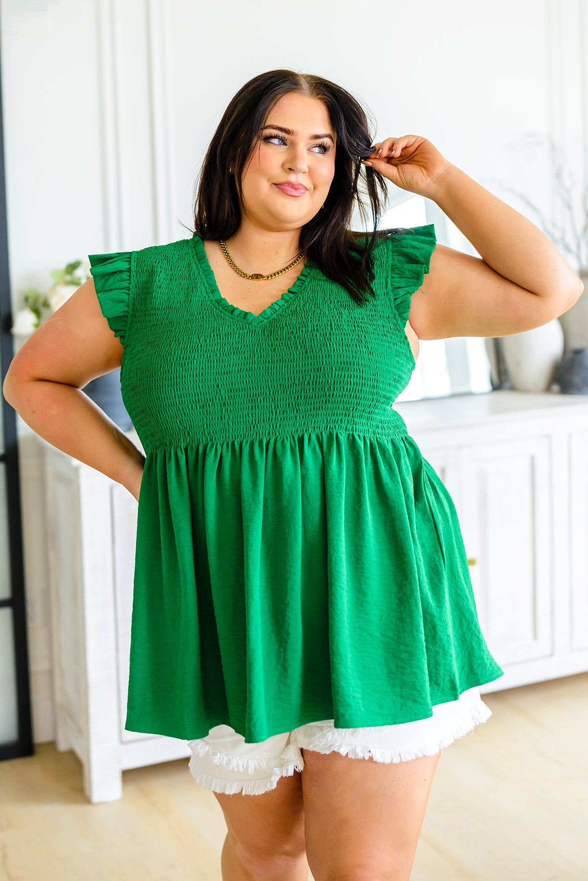 All the Envy Smocked Babydoll Top Green 1XL