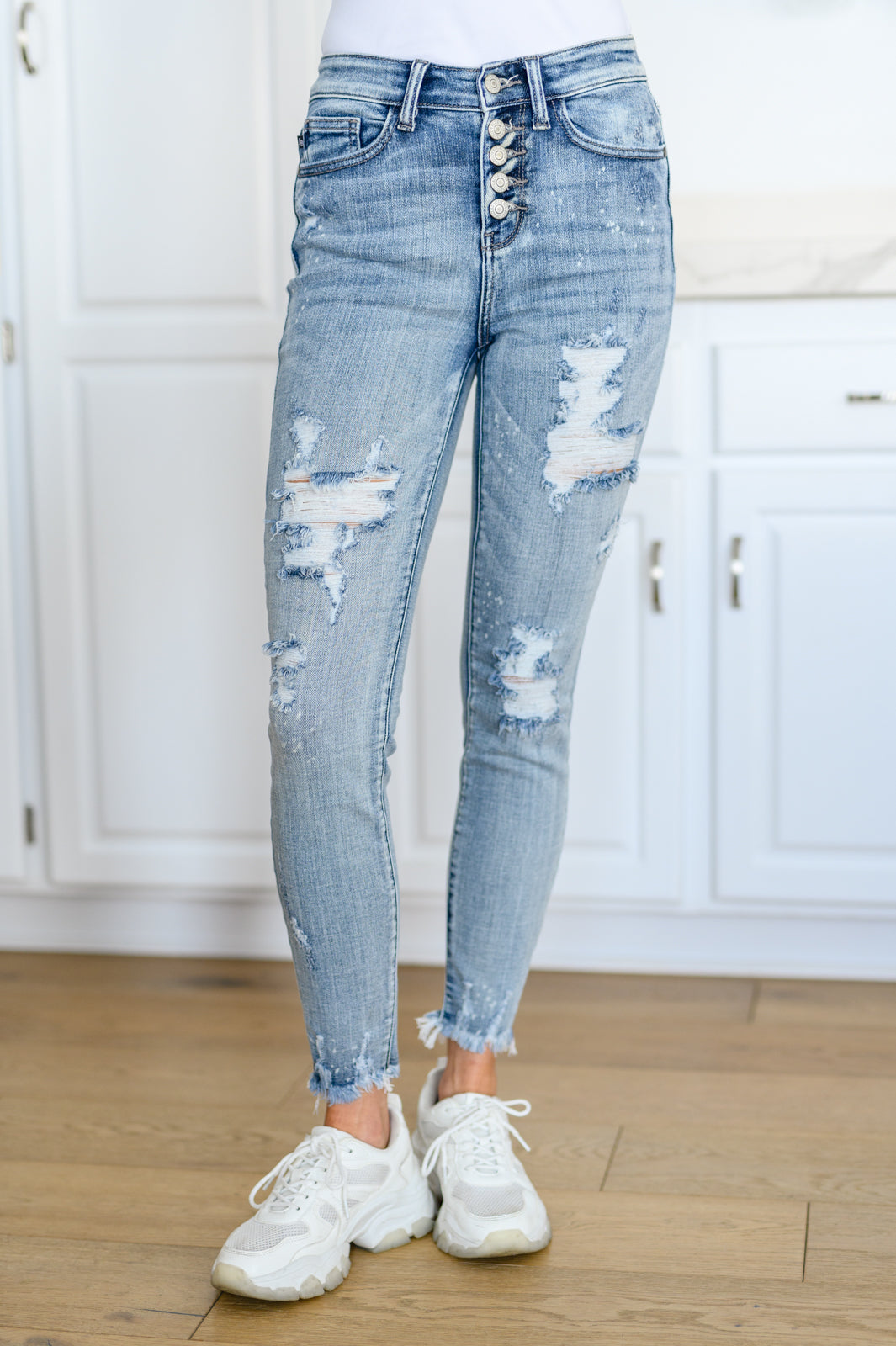 Judy Blue Talulla Bleach Splash Button Fly Destroyed Skinny Jeans