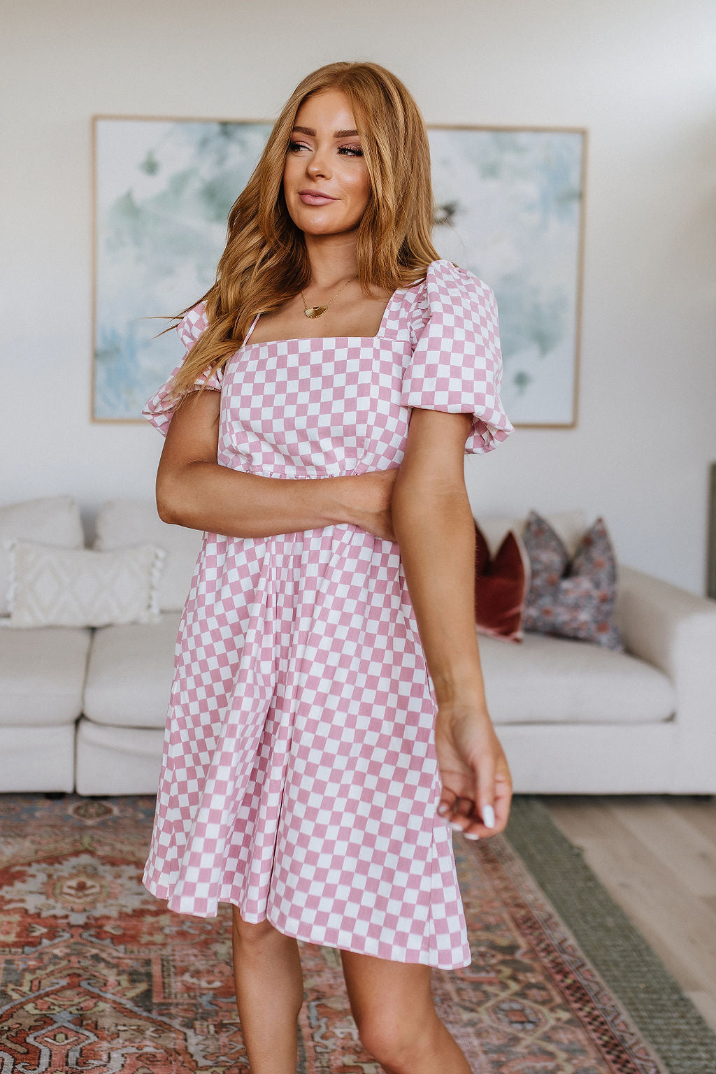 Garden Tea Party Pink Checkered Babydoll Dress