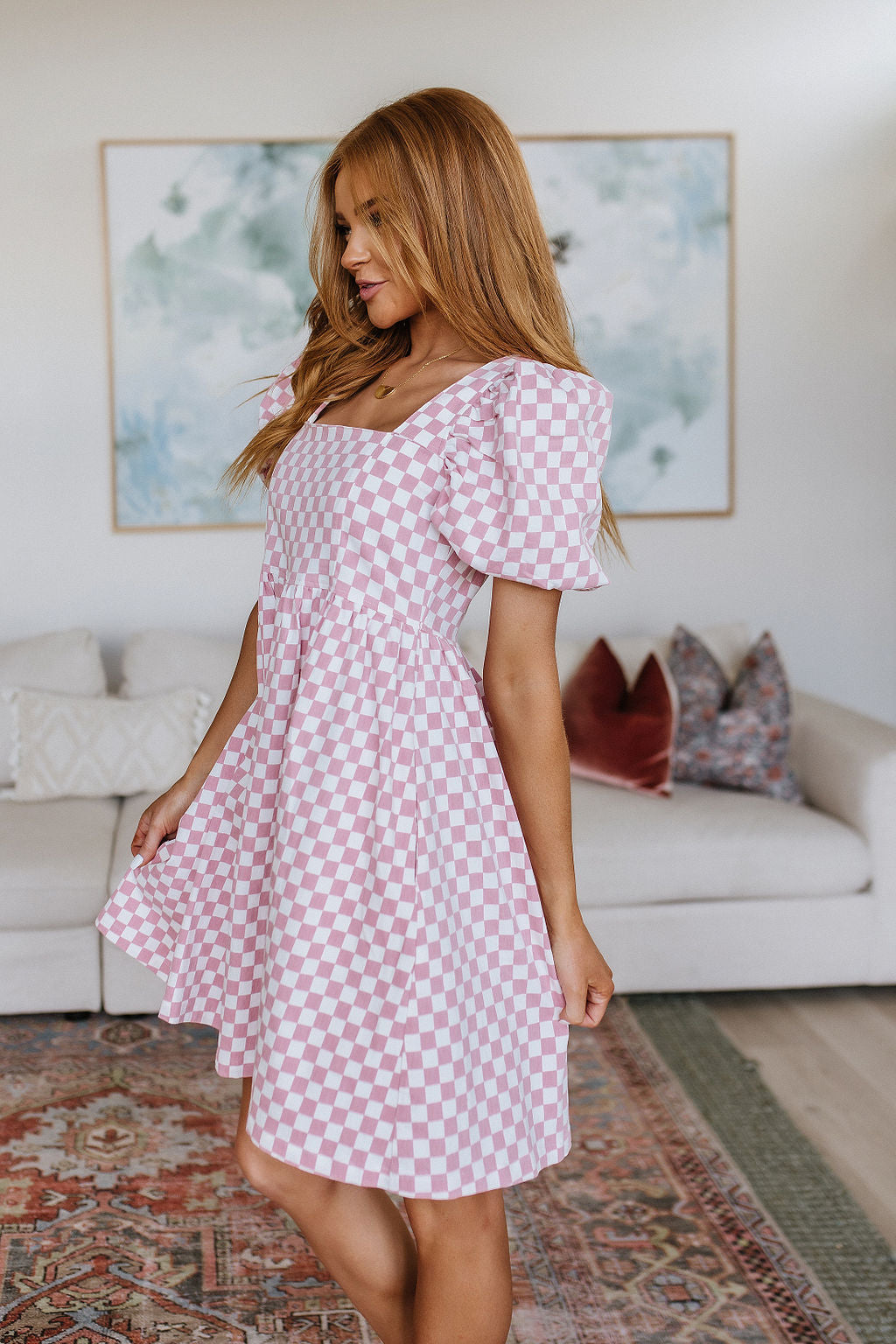 Garden Tea Party Pink Checkered Babydoll Dress
