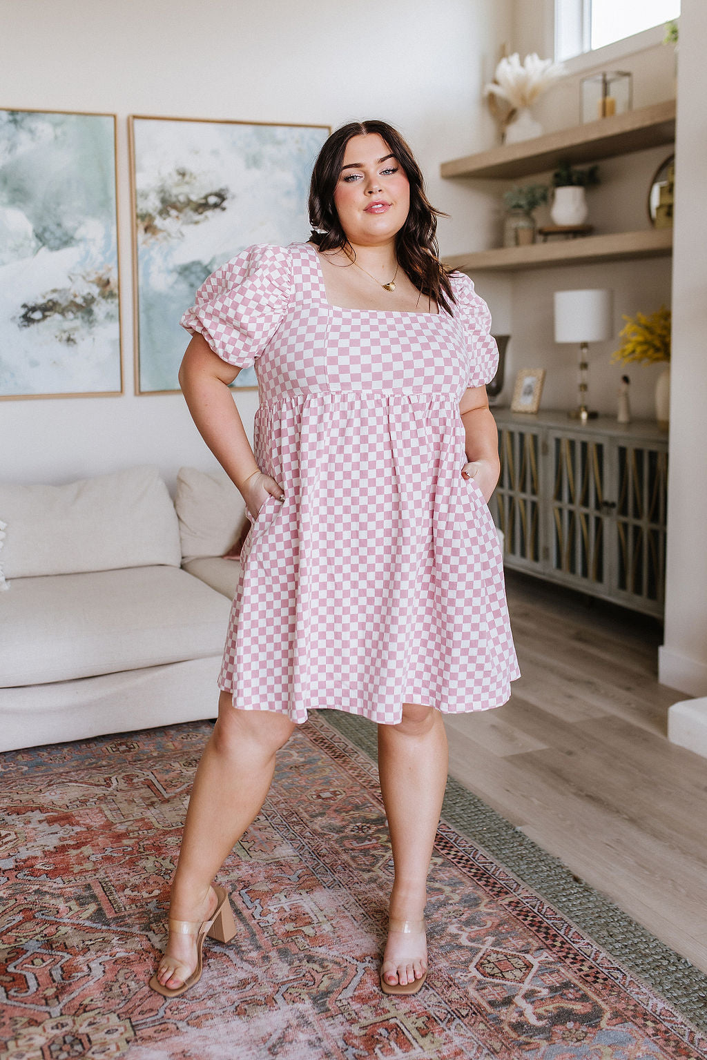Garden Tea Party Pink Checkered Babydoll Dress Pink 1XL