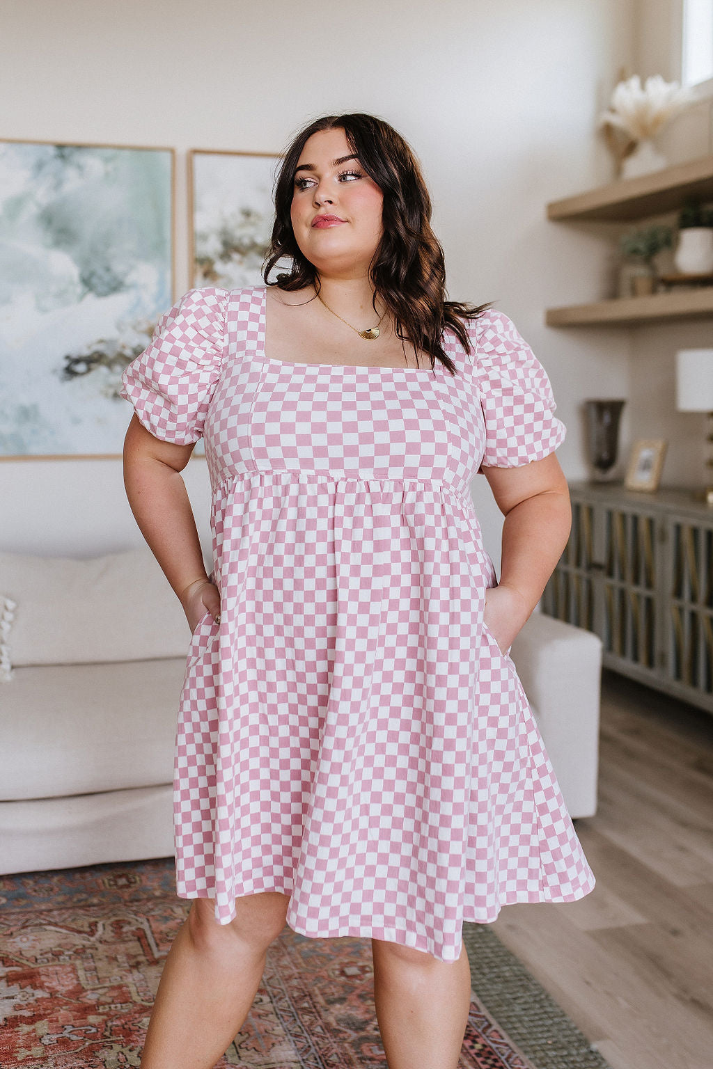 Garden Tea Party Pink Checkered Babydoll Dress