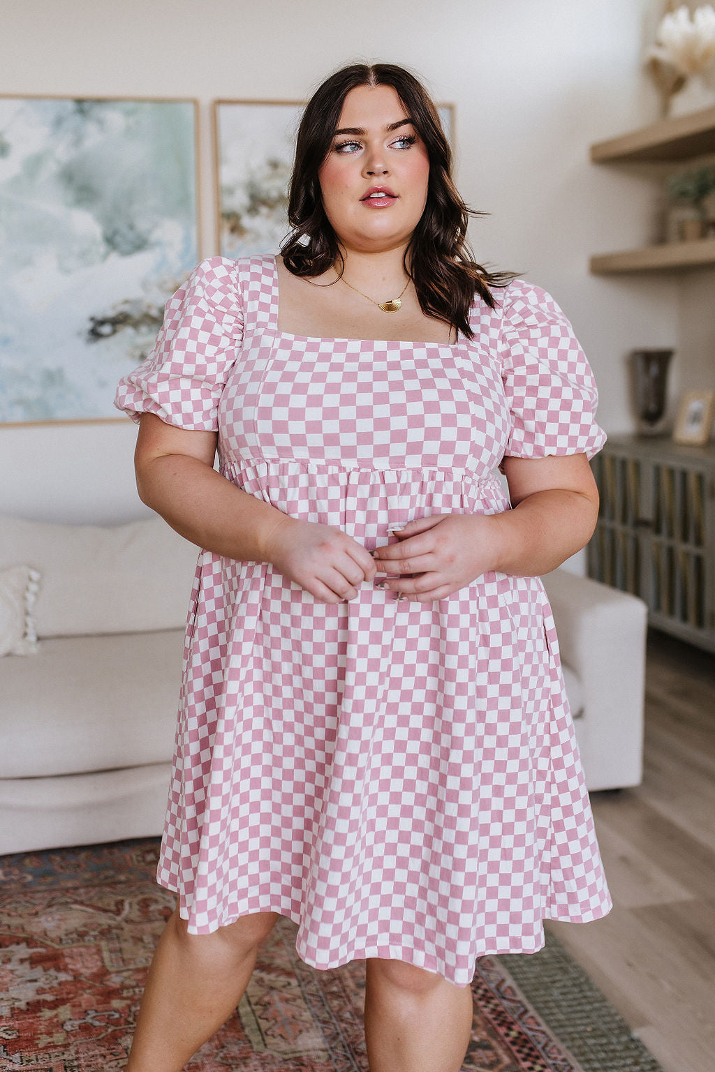 Garden Tea Party Pink Checkered Babydoll Dress