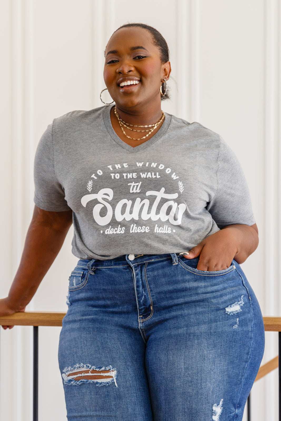 Deck These Halls Graphic V-Neck Tee Gray 2XL