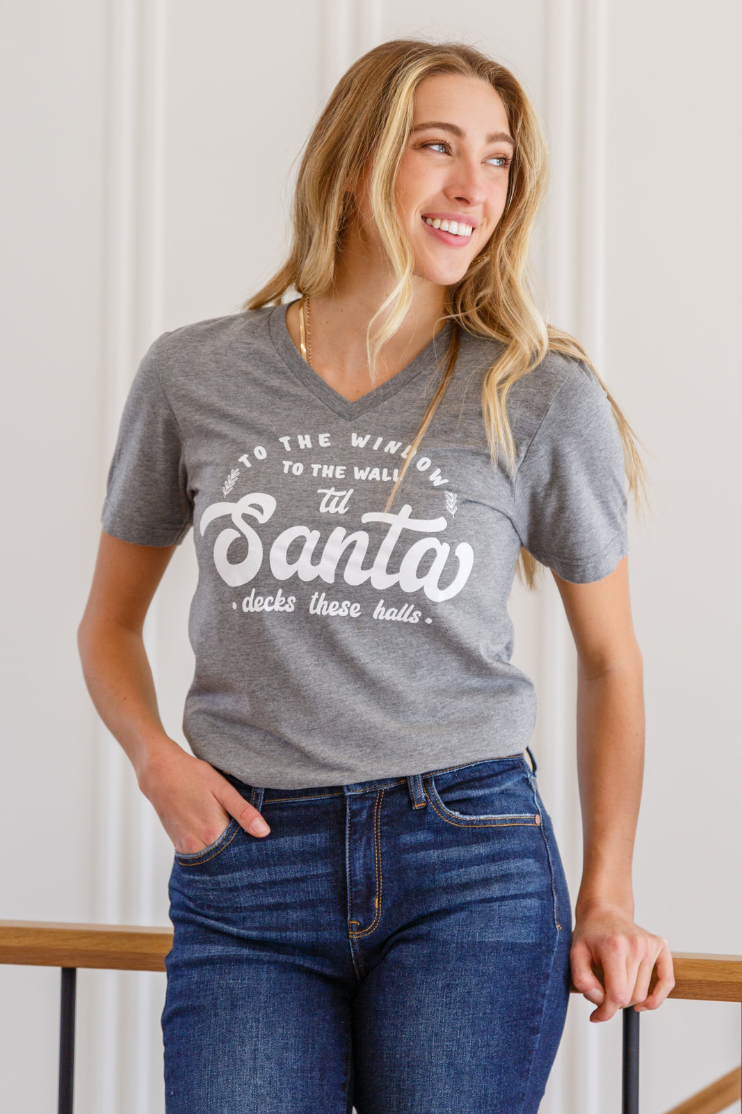 Deck These Halls Graphic V-Neck Tee Gray S