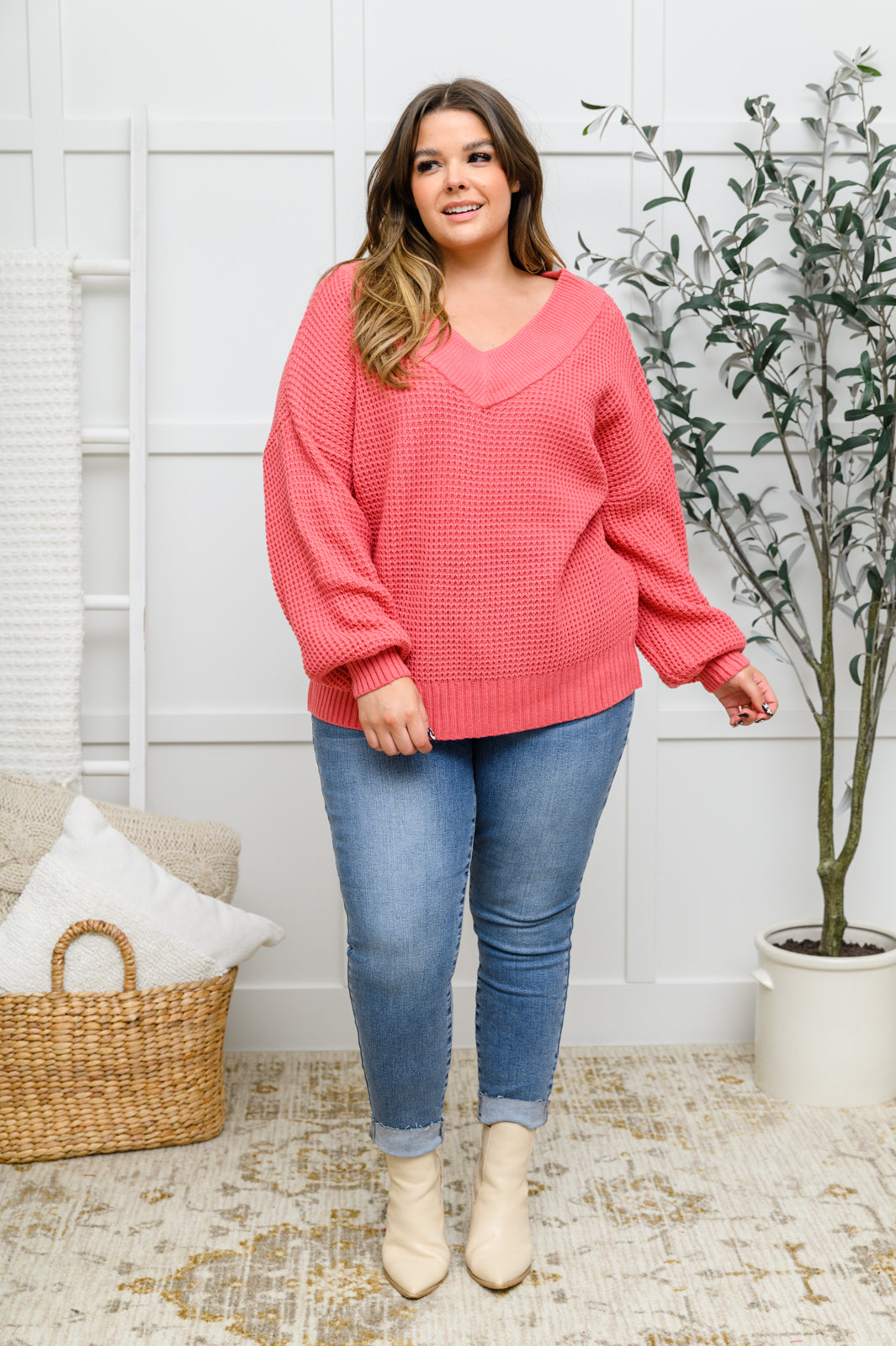 Up the Ante Wide V-Neck Waffle Knit Sweater In Rose