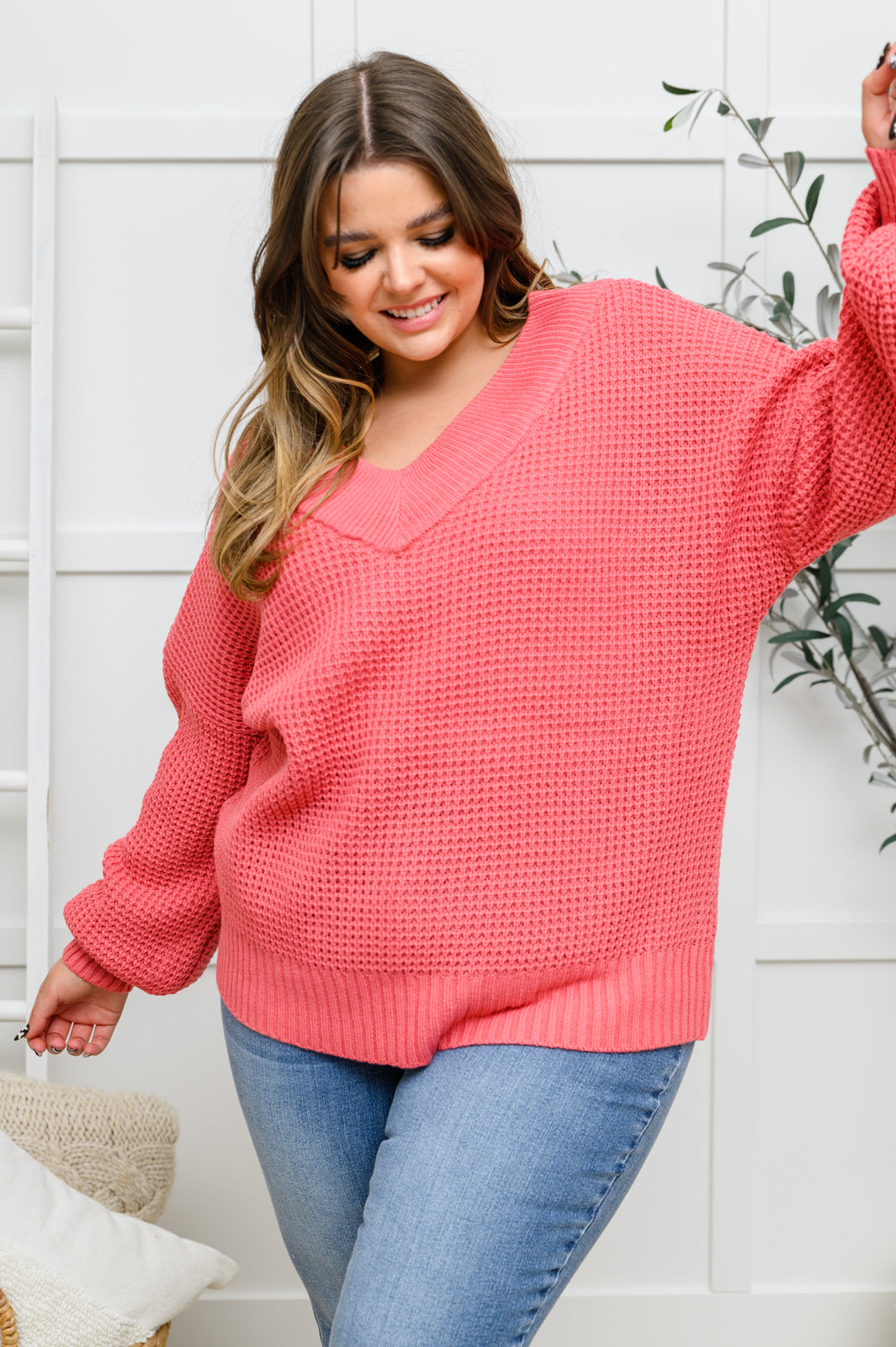 Up the Ante Wide V-Neck Waffle Knit Sweater In Rose Rose 1XL