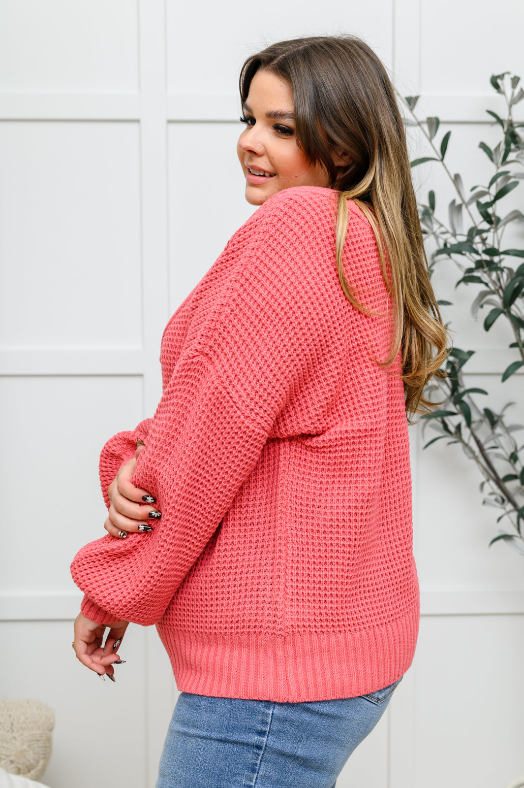 Up the Ante Wide V-Neck Waffle Knit Sweater In Rose