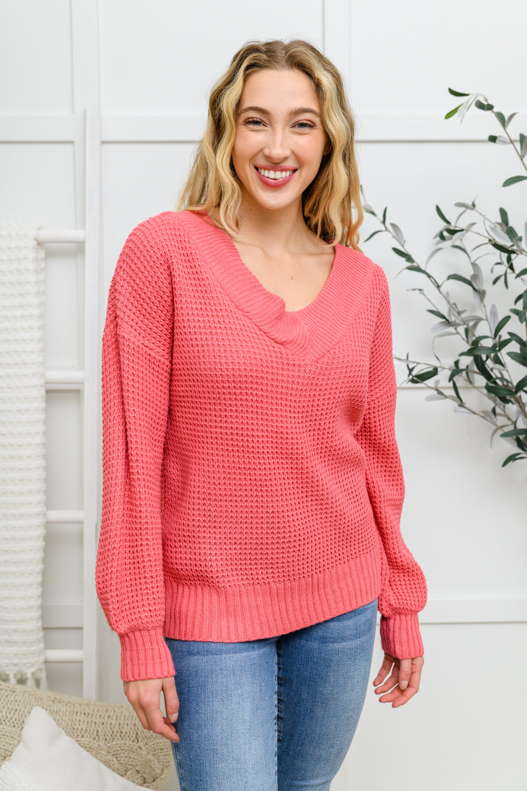Up the Ante Wide V-Neck Waffle Knit Sweater In Rose Rose XS