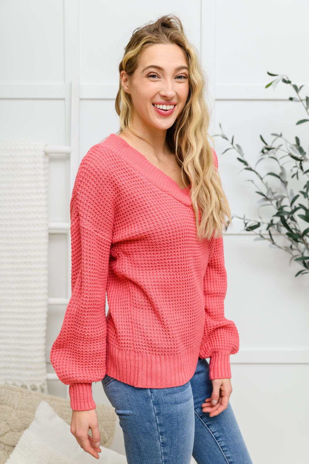 Up the Ante Wide V-Neck Waffle Knit Sweater In Rose
