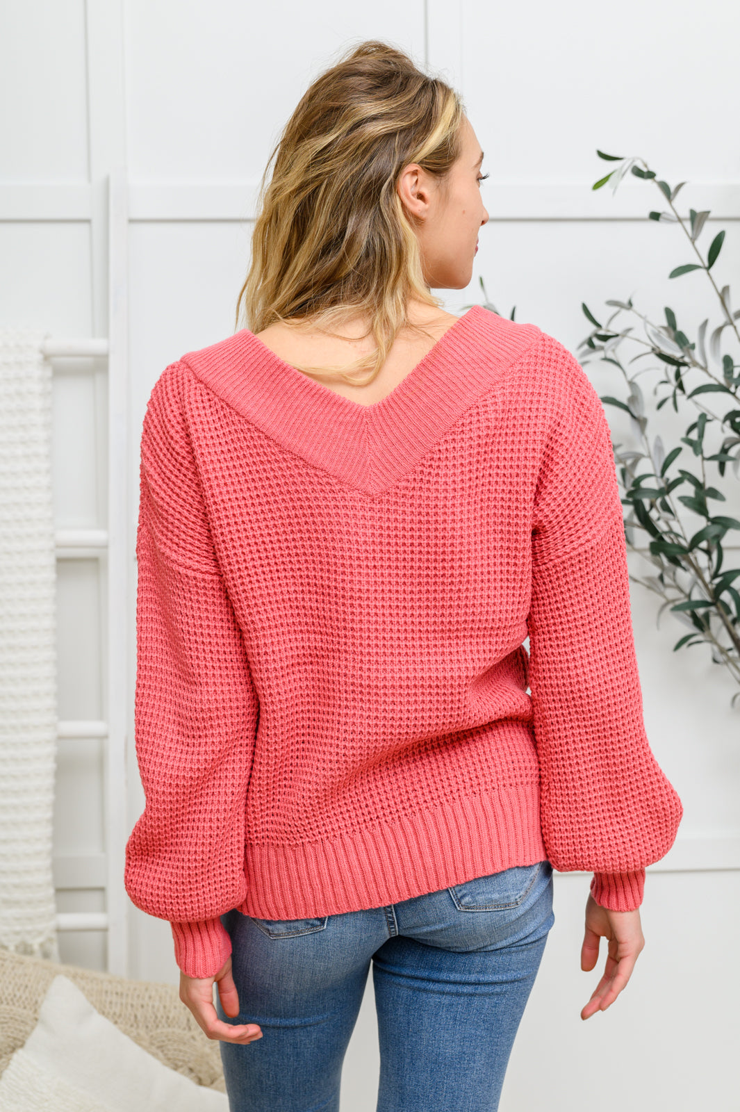 Up the Ante Wide V-Neck Waffle Knit Sweater In Rose
