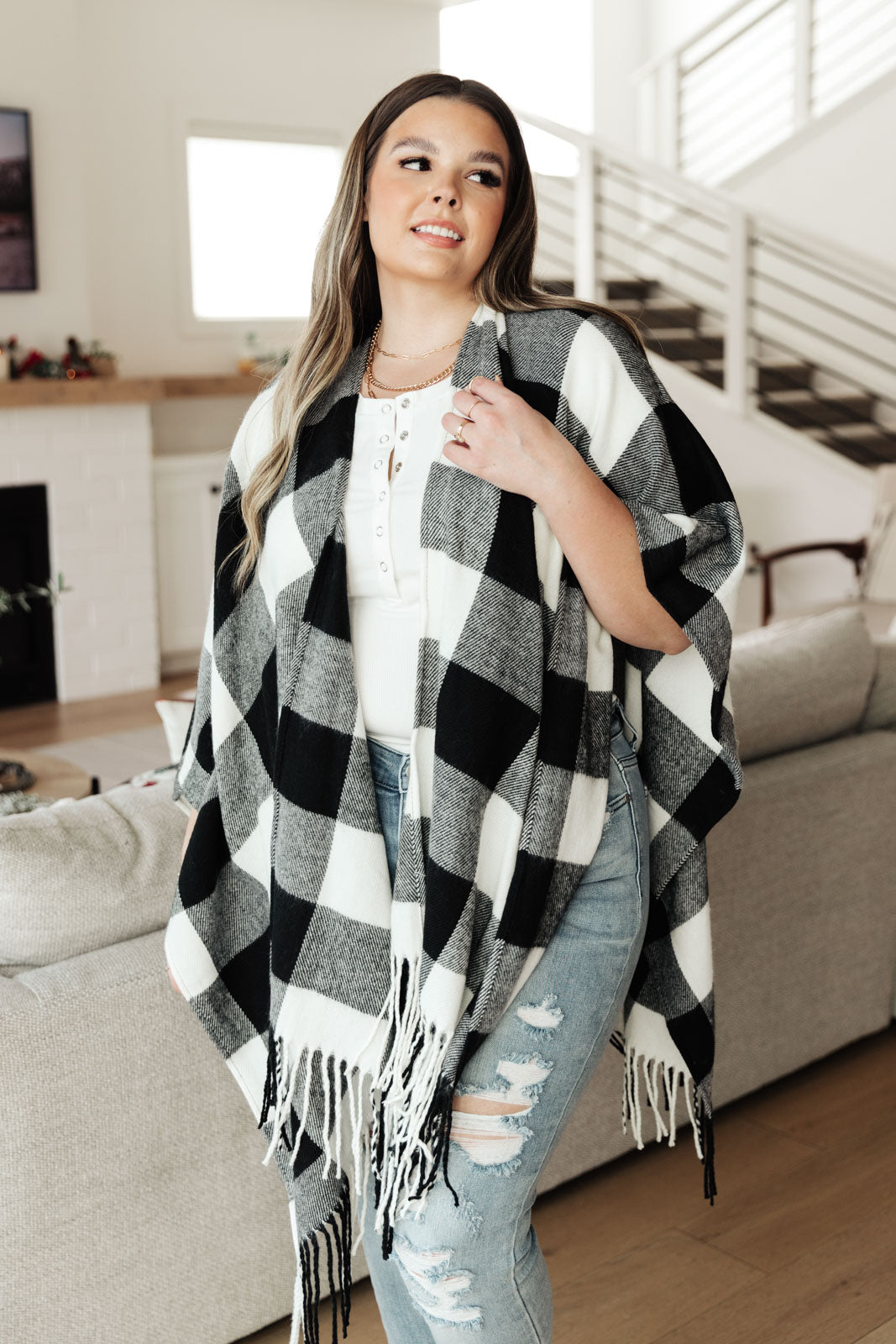 S'all Good Y'all Buffalo Plaid Shawl OS Black/White Buffalo Plaid