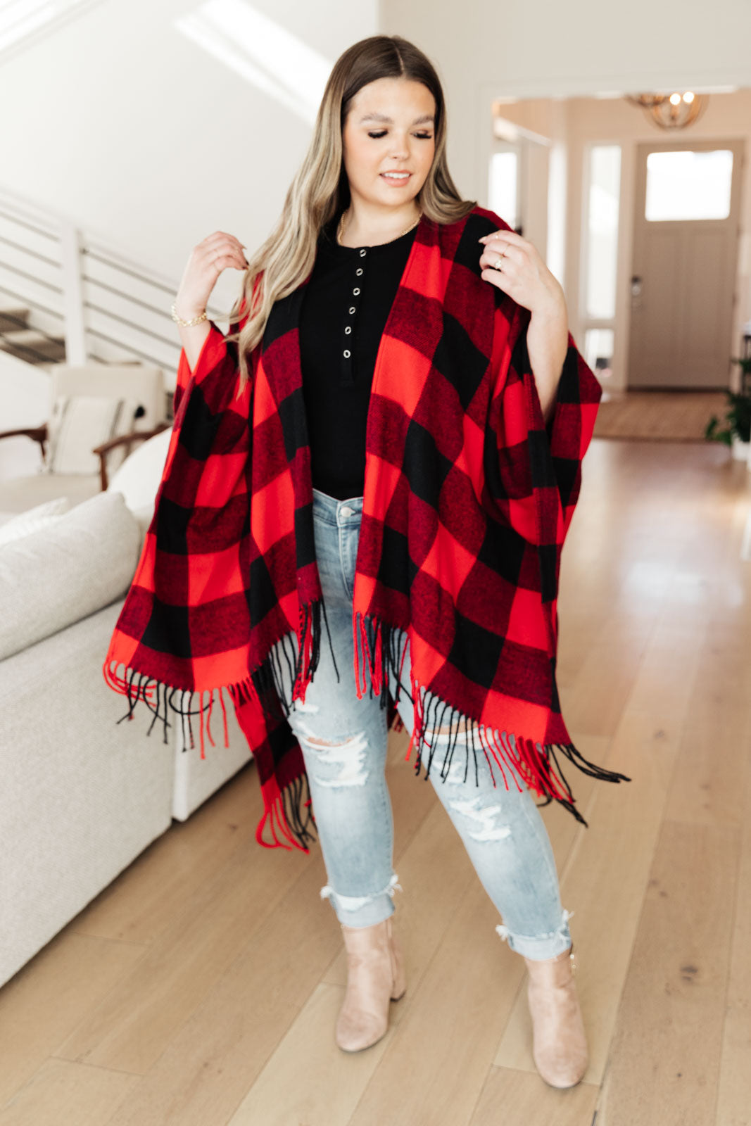 Fireside Buffalo Plaid Shawl Black/Red Buffalo Plaid OS