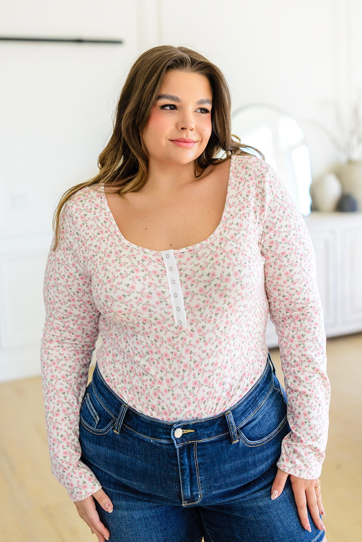 Always Wishing Ditsy Floral Henley Bodysuit Pink Floral 1XL