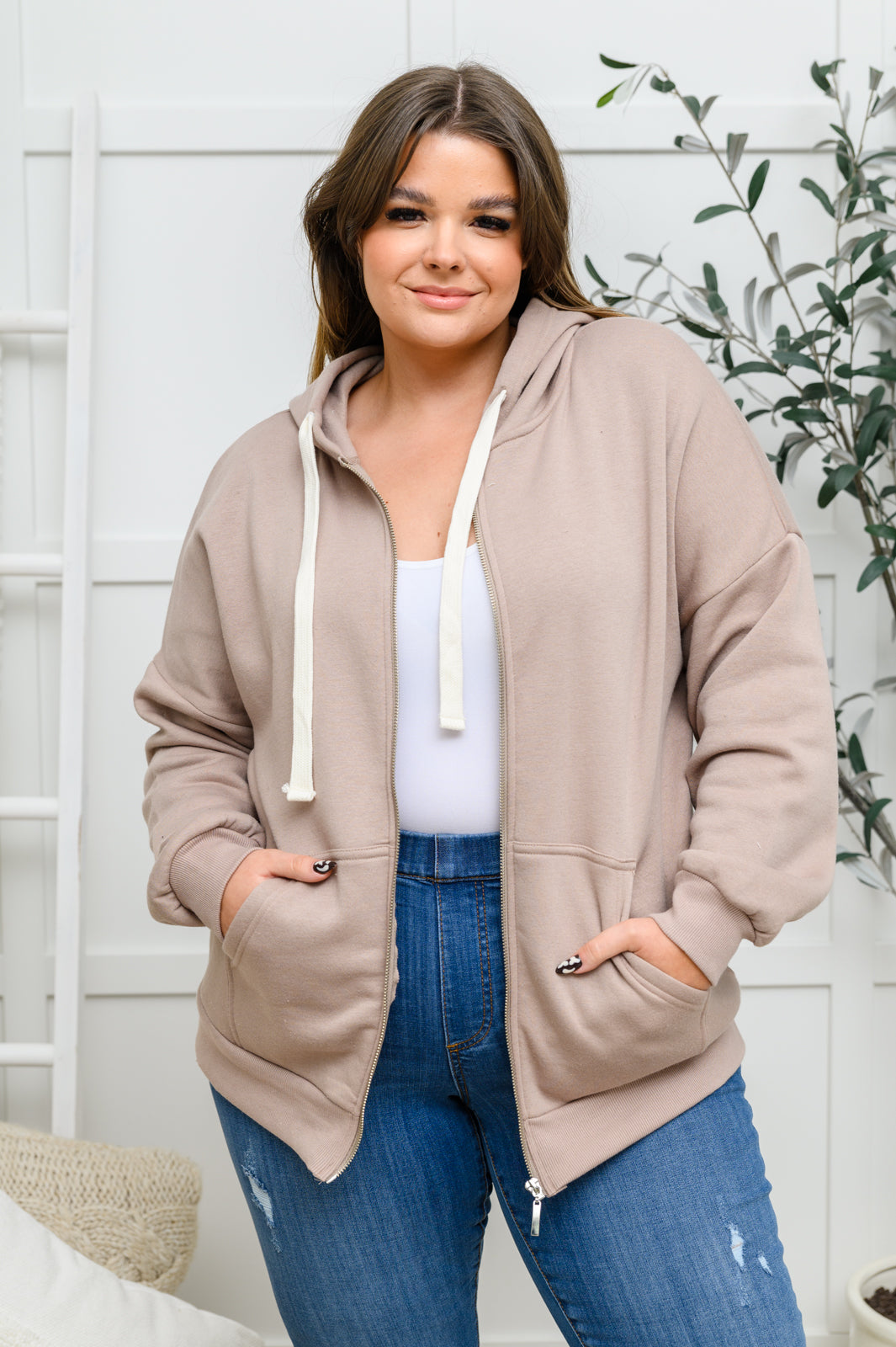 As You Were Zip Up Hooded Sweatshirt Jacket in Mocha