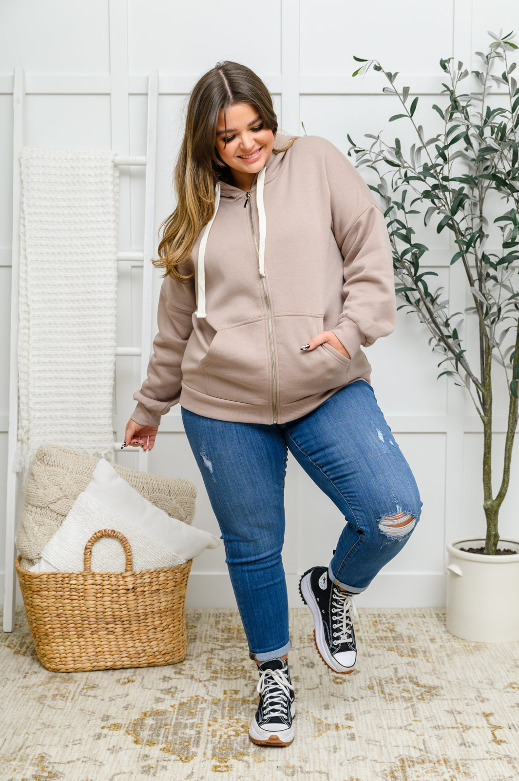 As You Were Zip Up Hooded Sweatshirt Jacket in Mocha