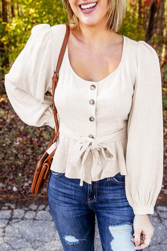 All Tied Up Lantern Sleeve Peplum Top Beige S