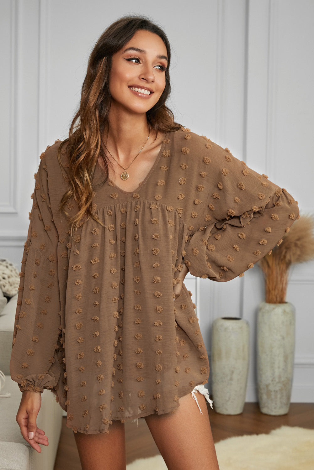 Swiss Dot Dropped Shoulder Blouse Mocha S