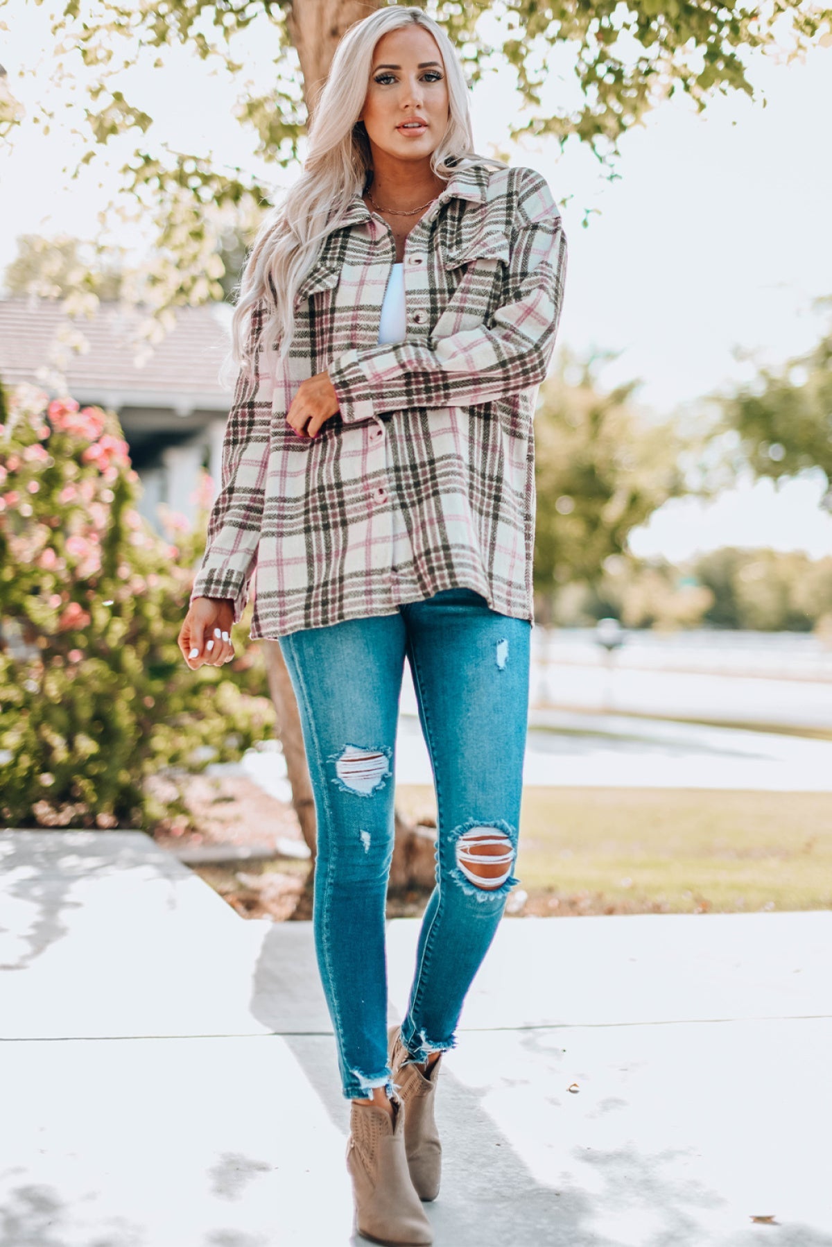 Autumn Sunsets Flannel Buttoned Plaid Shacket