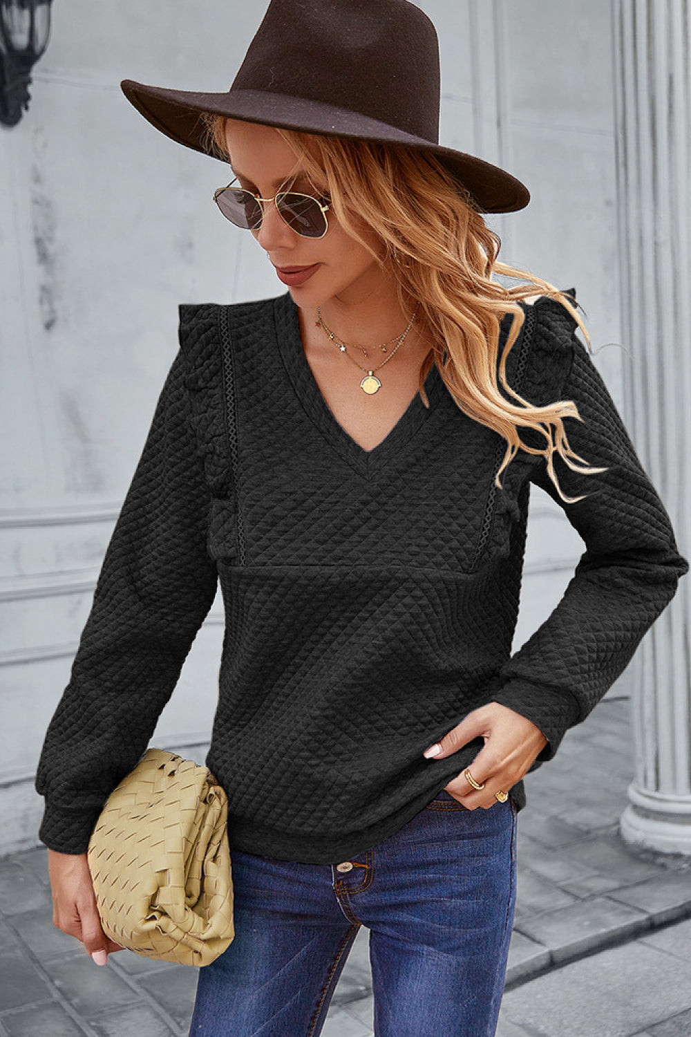 Ruffle Shoulder Quilted Top Black S