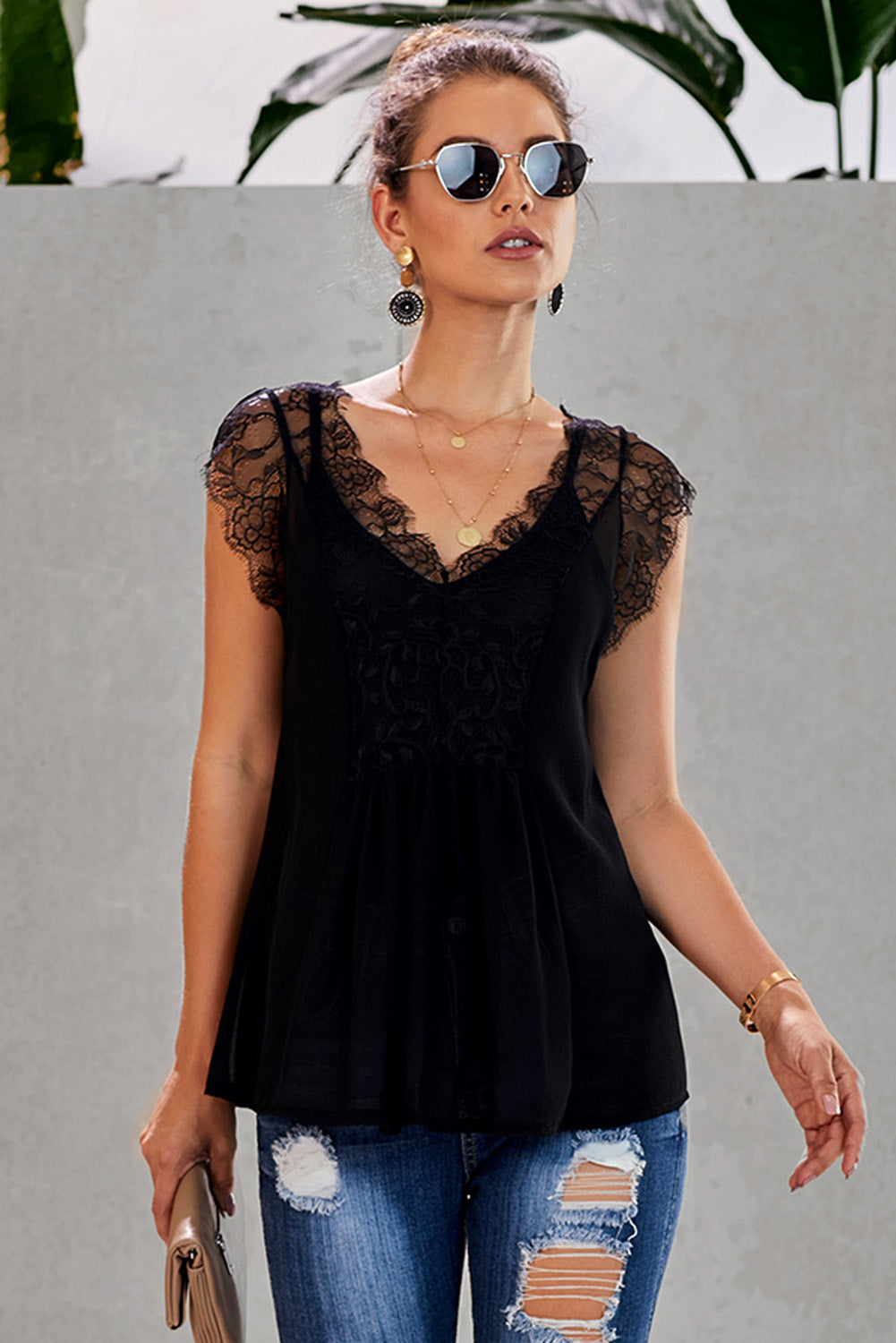 Lace Cap Sleeve Tank Top Black S