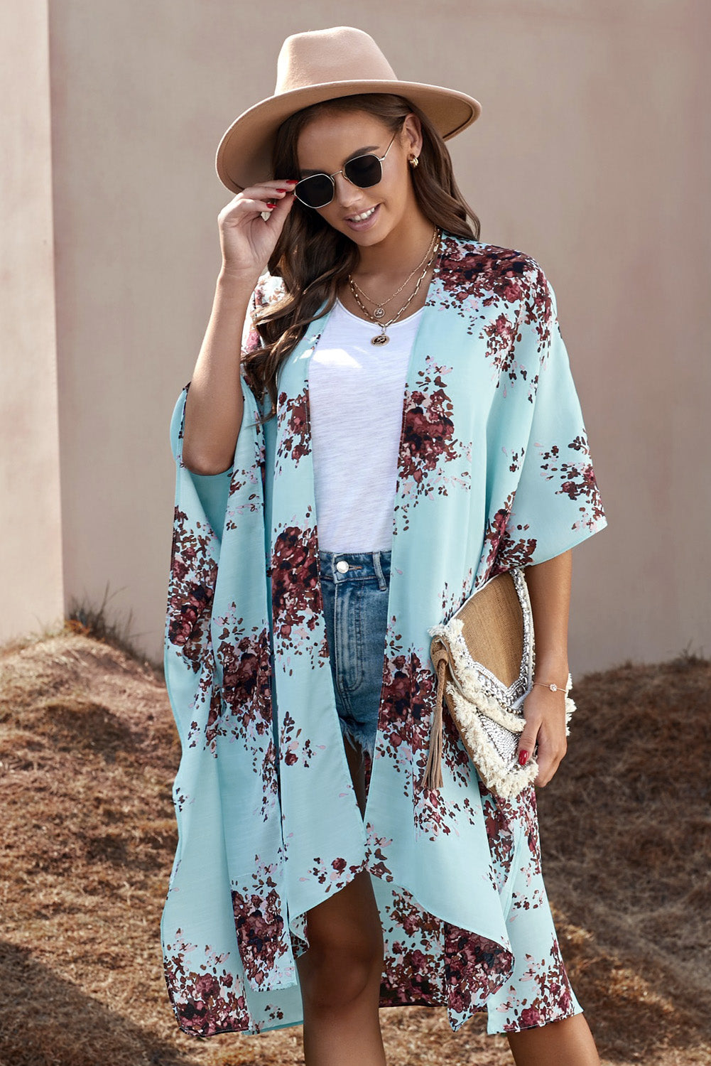 Here Comes the Bloom Floral Print Chiffon Kimono Blue Cranberry One Size