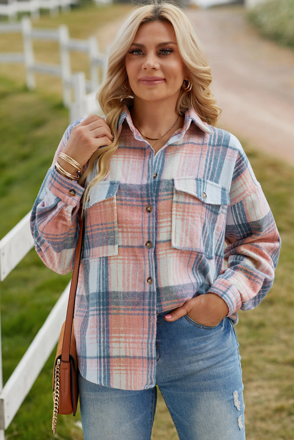 Keep Them Guessing Plaid Dropped Shoulder Shacket Pink/Blue S 