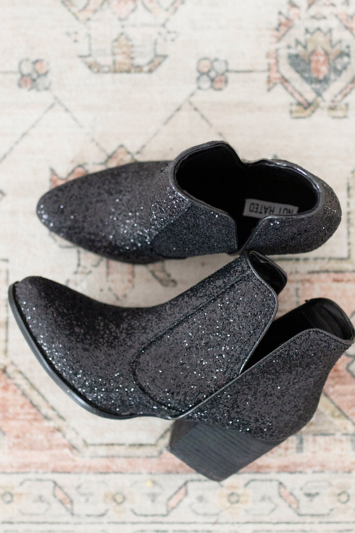 Anastasia Glitter Ankle Booties in Black 6.0