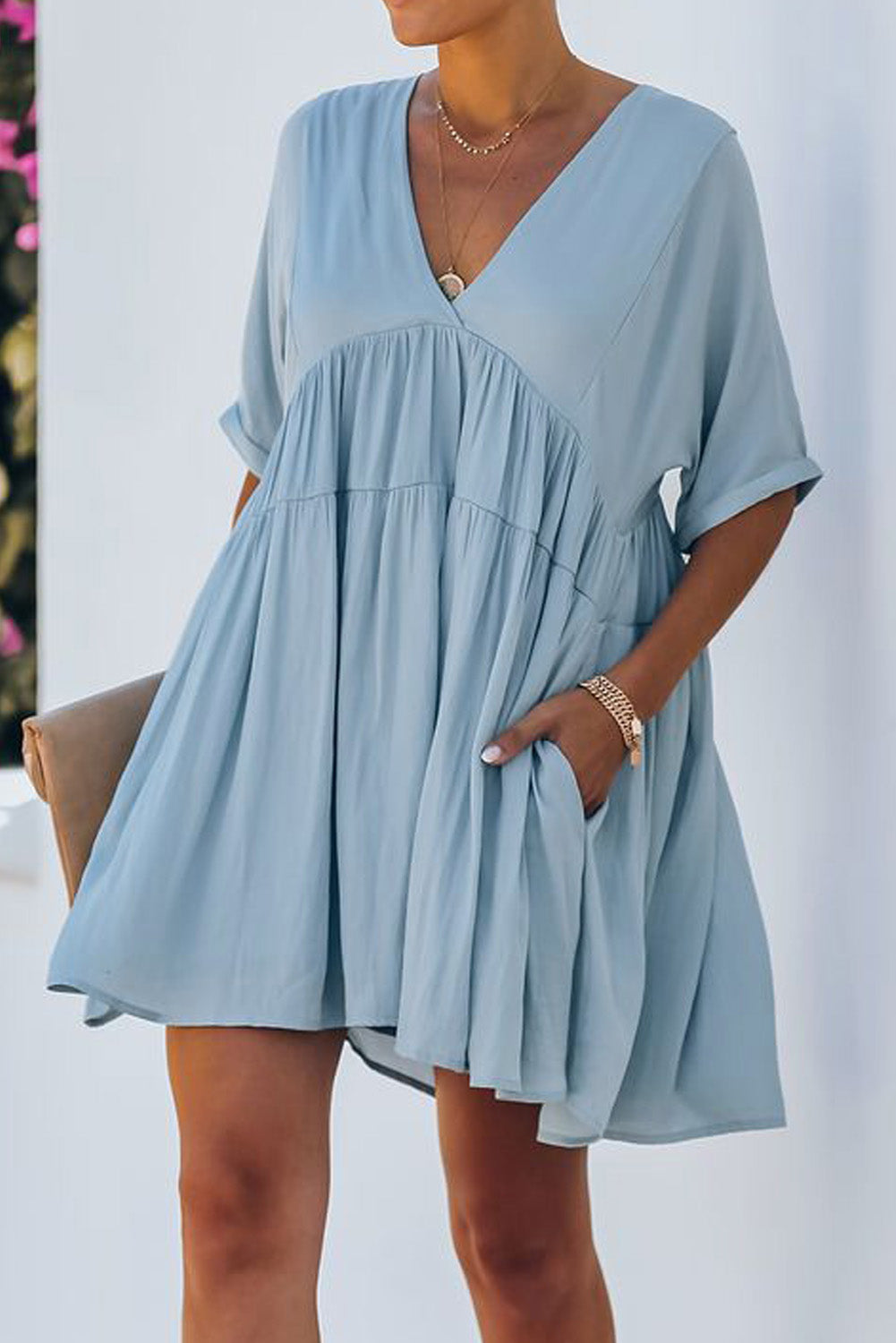 Kimono Sleeve Tiered Dress Powder Blue S